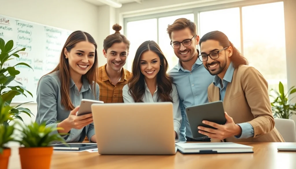 Collaborative linguists at work showcasing https://www.elitetranslingo.com in a bright office.