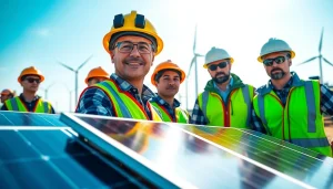 Workers demonstrating skilled labor for energy sector in a renewable energy installation.