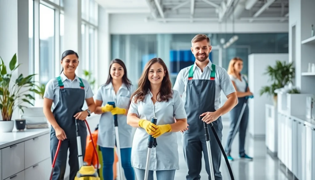 Effizientes Team bei https://nm-gebäudeservice.de in modernem Büro mit professionellen Reinigungsgeräten.