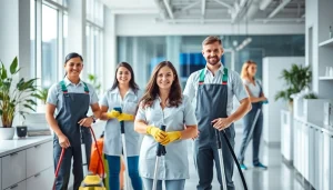 Effizientes Team bei https://nm-gebäudeservice.de in modernem Büro mit professionellen Reinigungsgeräten.