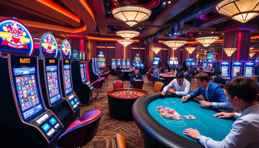 KJC AC 1 casino scene with poker tables and slot machines.