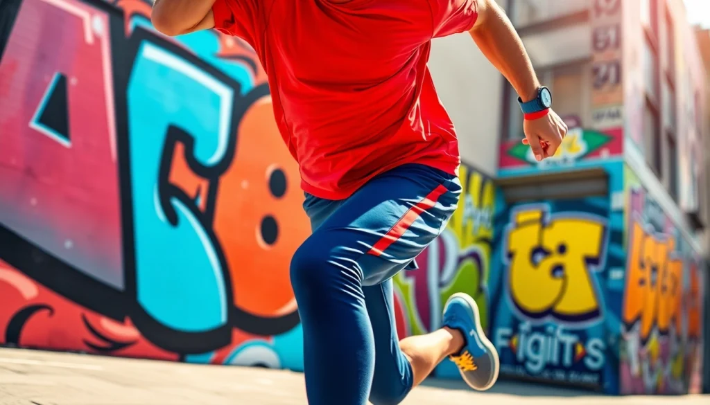 Promote pa-sport through an energetic athlete wearing vibrant apparel in a dynamic environment.
