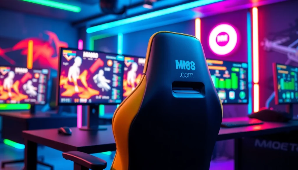 Capture the excitement of competitive gaming at mm88.com with vibrant monitor displays and a sleek setup.