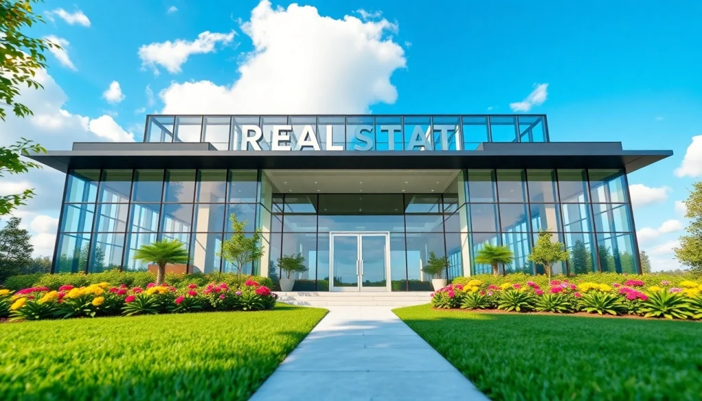 Engaging real estate office building showcasing modern architecture and landscaping.