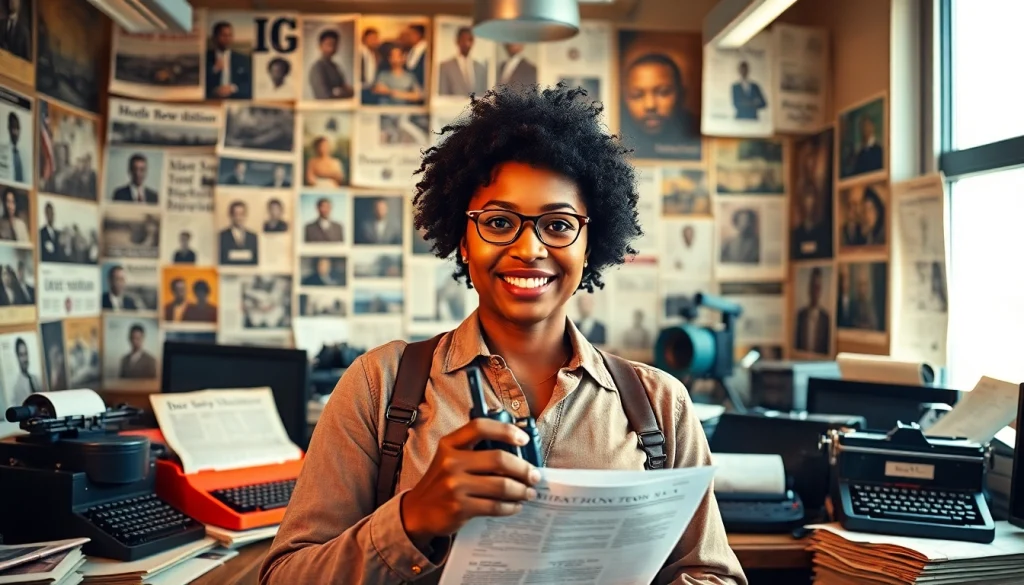 Engaging view of a journalist at work with blackchronicle, showcasing vibrant newsroom diversity.