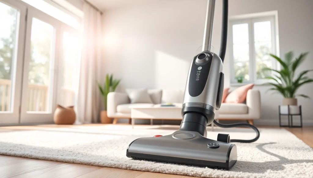 Efficient vacuum cleaning a bright living room with modern decor and sunlight.