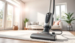 Efficient vacuum cleaning a bright living room with modern decor and sunlight.