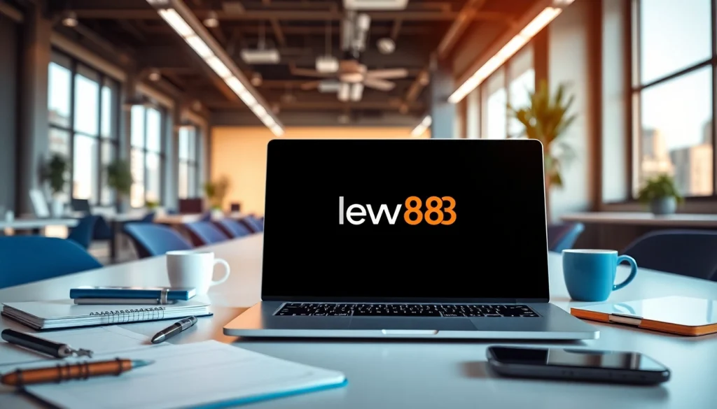 Engaging digital workspace with New88 branding, featuring a modern laptop and vibrant city backdrop.