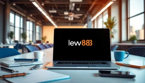 Engaging digital workspace with New88 branding, featuring a modern laptop and vibrant city backdrop.