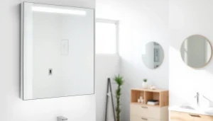 Spiegelschrank mit led Beleuchtung in modernem Badezimmer mit integriertem Stauraum.