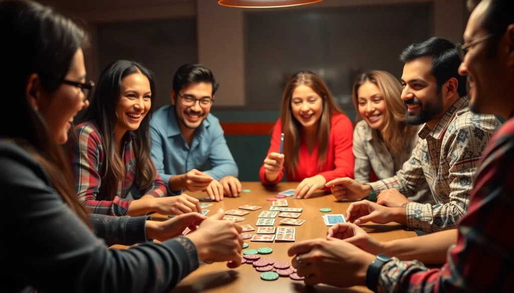 Excited friends playing Rummy nabob with colorful cards and chips, enjoying a fun game night.