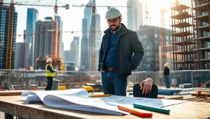 New York General Contractor managing a busy construction site with blueprints and workers.