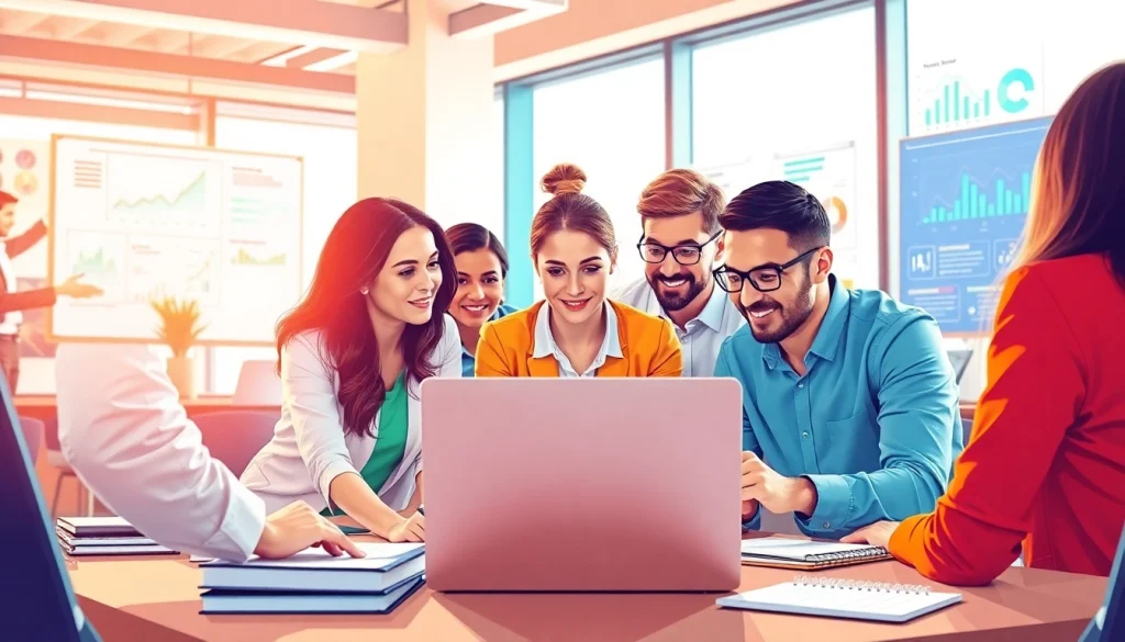 Team analyzing strategies on https://valuesfirst.com while collaborating in a modern office.