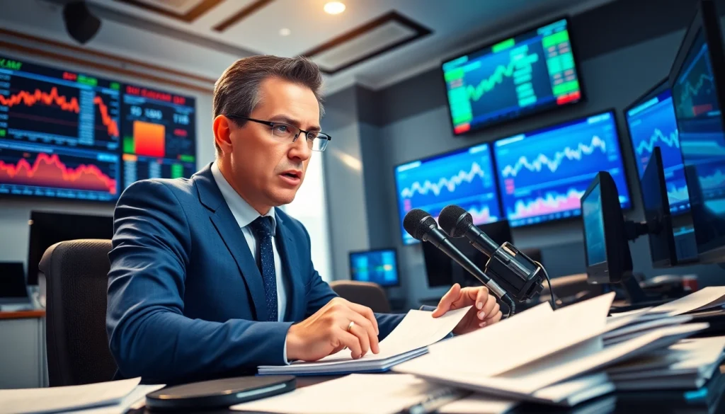 Capture of professional journalist presenting business news in a lively newsroom, emphasizing real-time information.