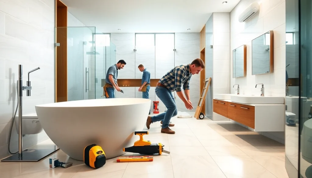 Bathroom builders expertly remodeling a modern bathroom with sleek fixtures and tiles.