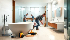 Bathroom builders expertly remodeling a modern bathroom with sleek fixtures and tiles.