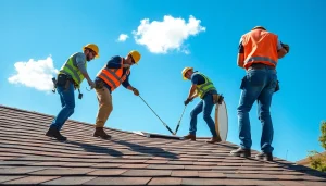 Skilled workers from Twin Shield Roofing expertly installing a new roof in a sunny neighborhood.