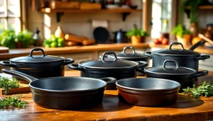Showcase of cast iron cookware NZ featuring skillets and dutch ovens on a rustic kitchen table.