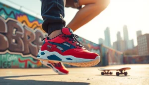 Showcasing MV 88 sports shoes worn by an athlete in an urban environment.