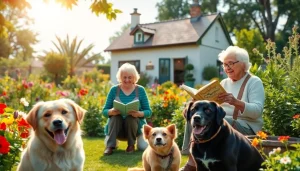 Visualizing life at https://frontidas.com, seniors enjoying activities in a sunny garden with pets.