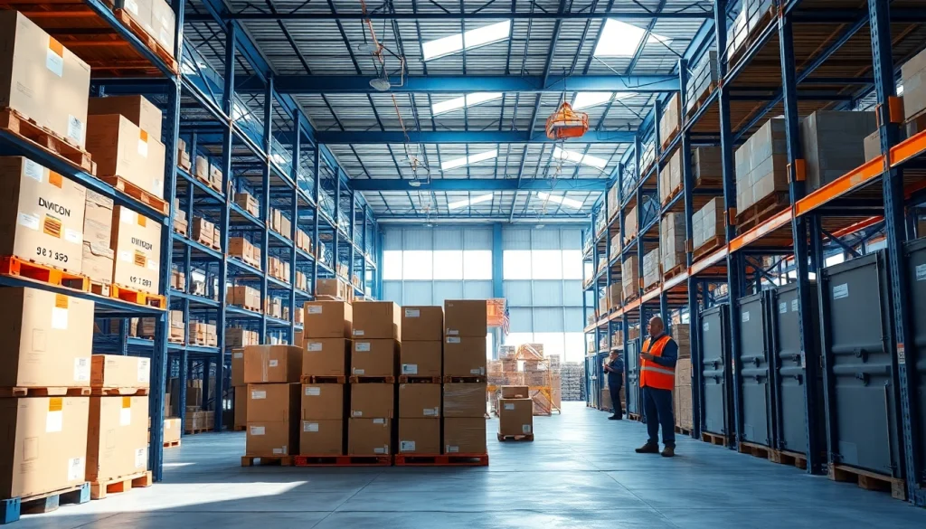Visualize warehousing efficiency in a modern, organized facility with high-tech storage solutions.