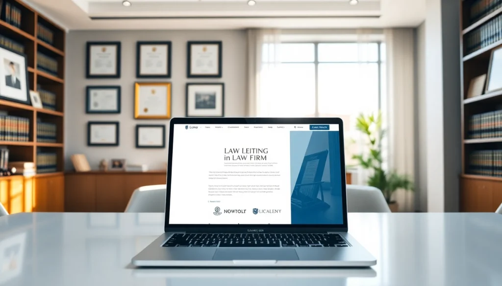 Showcasing an elegant law firm website design at https://www.lawfirmswebsitedesign.com in a modern office setting.