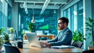 Modernus skaitmeninės rinkodaros ekspertas dirba su https://technaujienos.lt nešiojamuoju kompiuteriu.