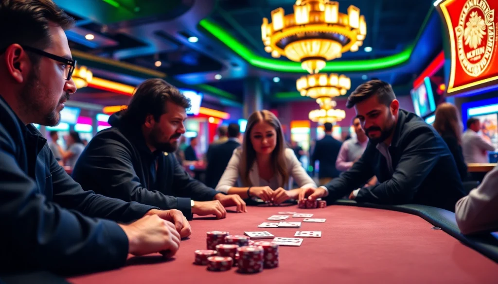 Mainkan domino88 login poker game dengan suasana kasino yang ramai dan menegangkan.