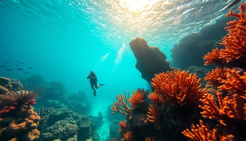 Experience scuba diving at https://marvinscubaexpeditions.com with vibrant coral reefs and a diver exploring marine life.