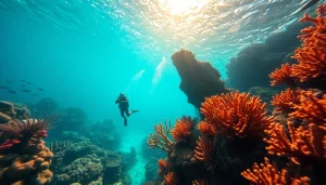 Experience scuba diving at https://marvinscubaexpeditions.com with vibrant coral reefs and a diver exploring marine life.