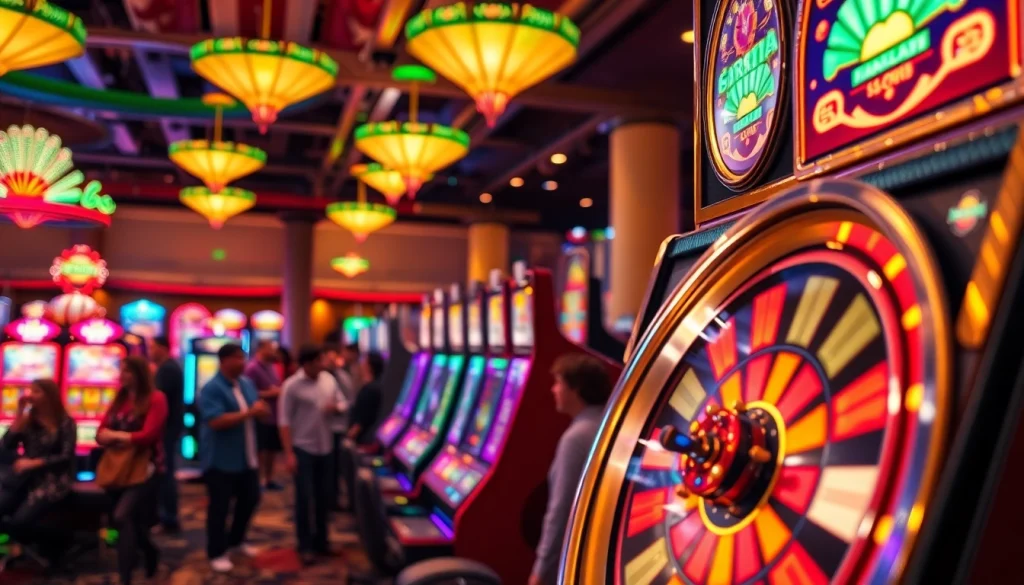 Slot yang menarik dan ceria dalam suasana kasino berwarna-warni.