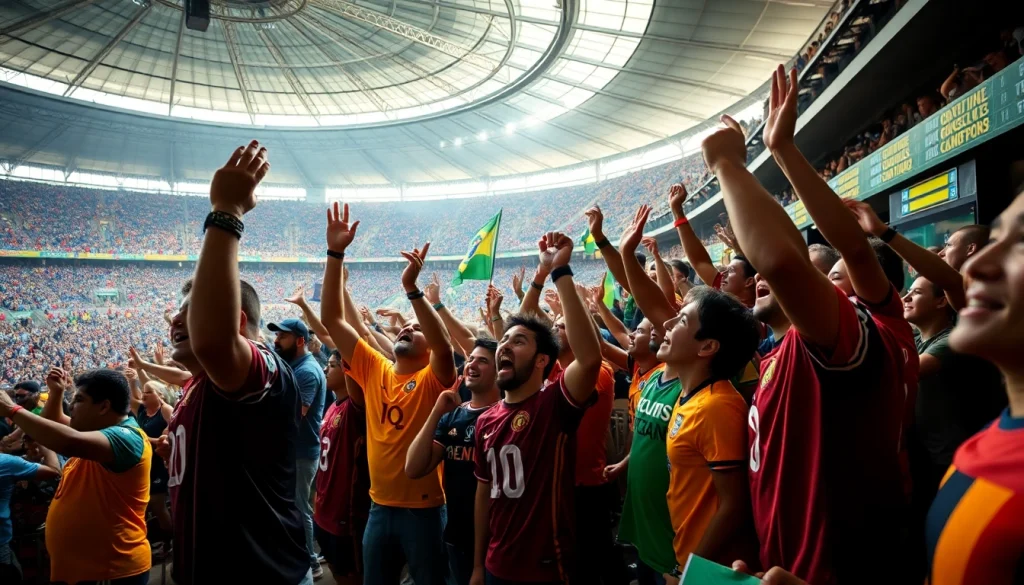 Engaging scene of sports betting in Brazil with fans celebrating excitement and anticipation.