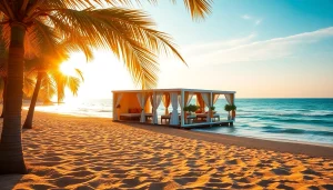 Relax at the coastal cabana near serene beaches, featuring palm trees and pastel accents.