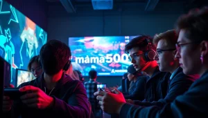 Aksi seru dalam permainan mawar500 game dengan pemain fokus dan latar belakang grafis menarik.