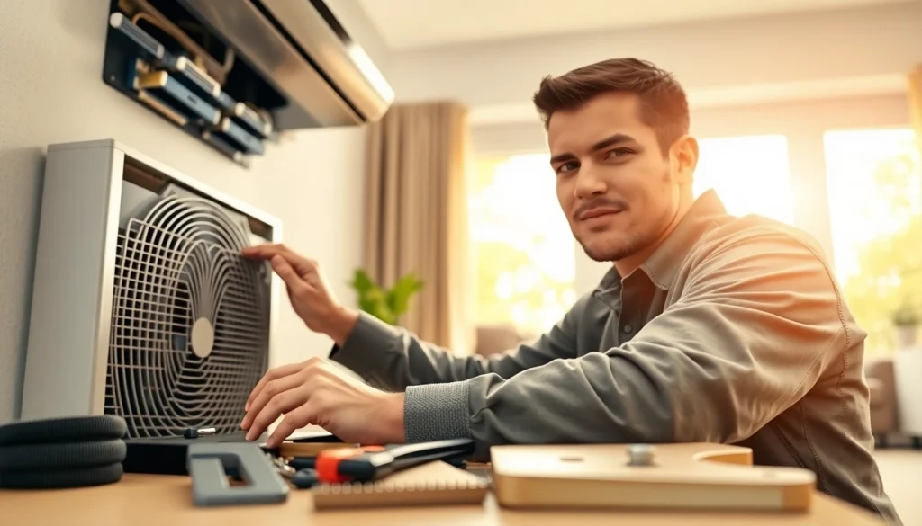 HVAC technician from https://nobleheatingairservices.com performing maintenance on a heating unit in a cozy living room.