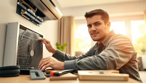 HVAC technician from https://nobleheatingairservices.com performing maintenance on a heating unit in a cozy living room.