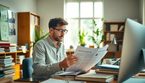 Engaging journalist reviewing content for https://spectacle.com.ua in a cozy and professional office.