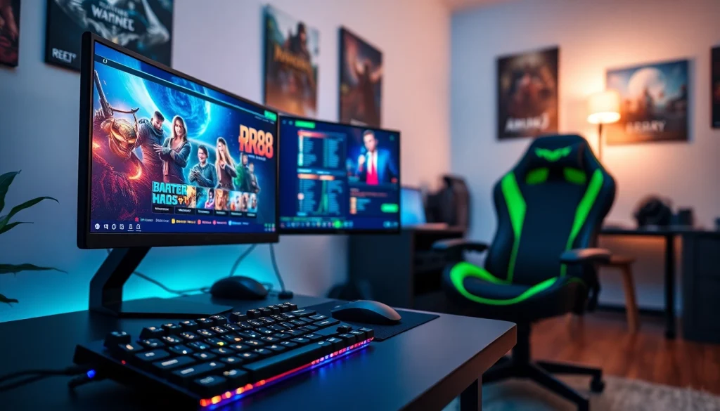Engaging RR88 gaming setup showcasing dual monitors, vibrant RGB keyboard, and a modern atmosphere.