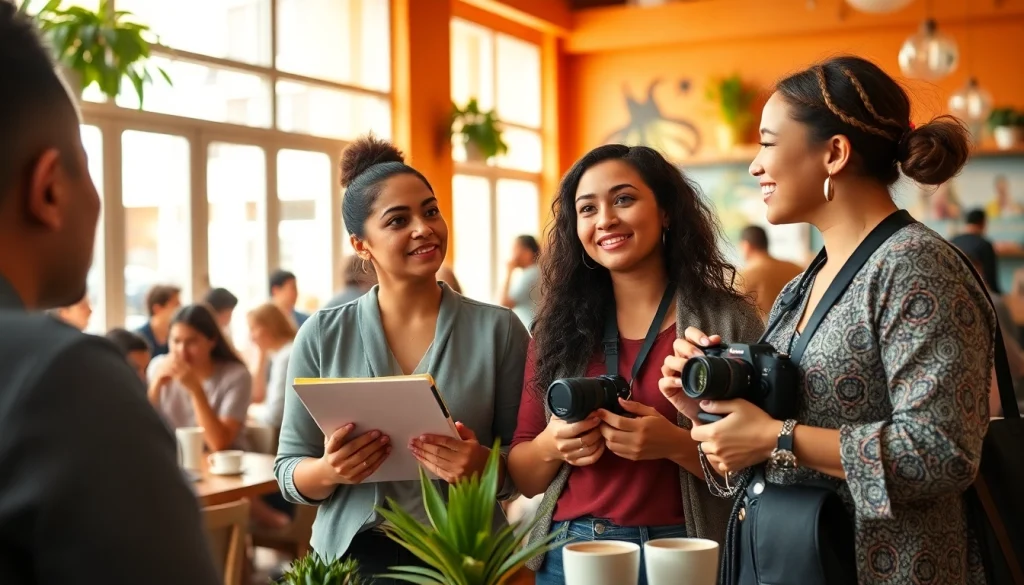 Engaging community dialogue about local news at https://2urbangirls.com in a vibrant Los Angeles café.