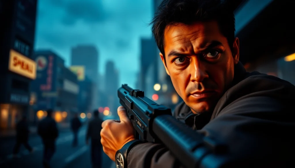 Engaging action thriller scene with a determined character in an intense urban setting.