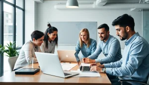 Trabalhando no Desenvolvimento de Site com uma abordagem moderna e profissional, destacando a equipe em ação.