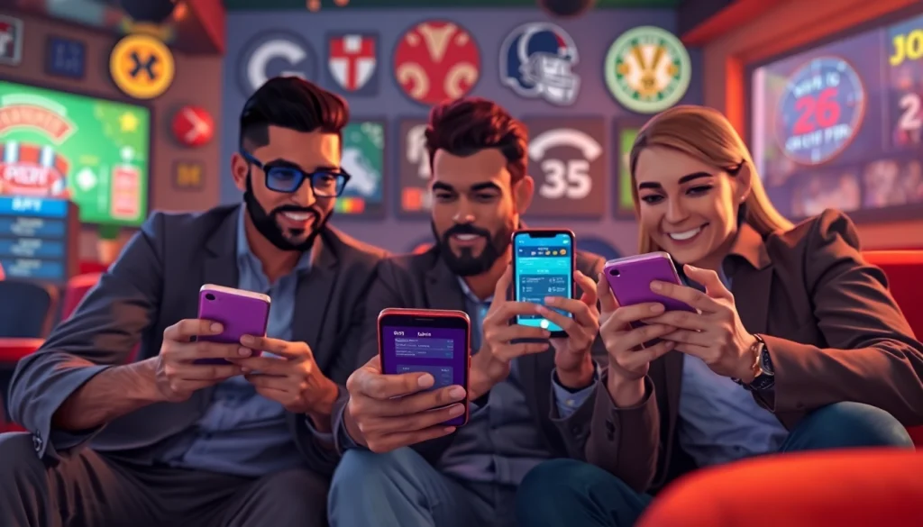Engaging scene showing best sports betting apps in India being used by friends in a cozy lounge.