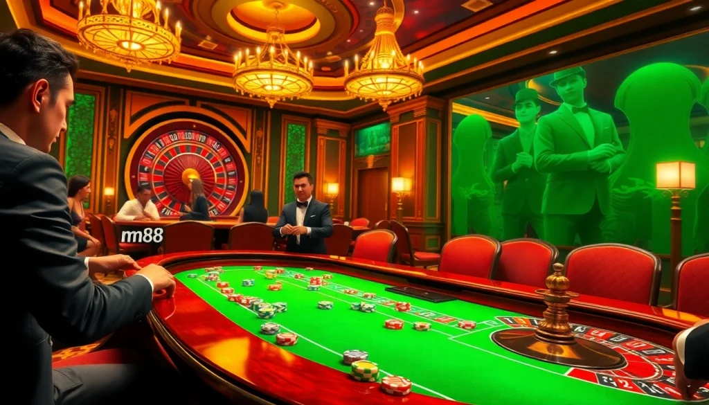 Engage in an exhilarating game of poker at an mm88 casino table surrounded by players and slots.
