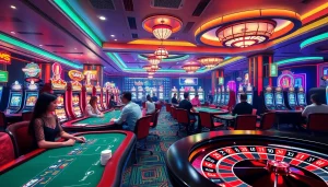 An exhilarating gambling scene at KJC AC 2 with vibrant tables, poker chips, and slot machines lighting up the casino.