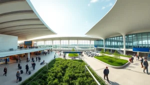Explore Stansted Airport’s modern terminal filled with travelers and vibrant architecture.