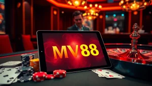 Experience the thrill of the MV88 game in a vibrant casino scene with poker chips and cards.