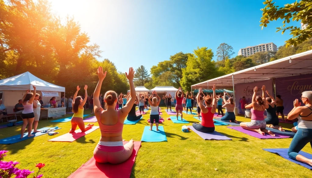 Experience the energy of a joyful yoga festival with diverse participants practicing together.