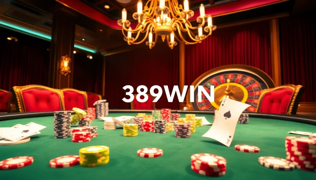 Experience high-stakes gambling at 389WIN's vibrant poker table with colorful chips and cards.