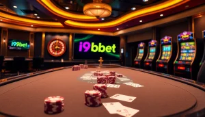 Engage in thrilling gameplay at i9bet's elegant online casino with vibrant poker and roulette scenes.