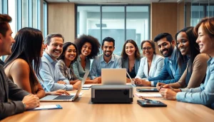 Engaged business team collaborating in a modern office environment.